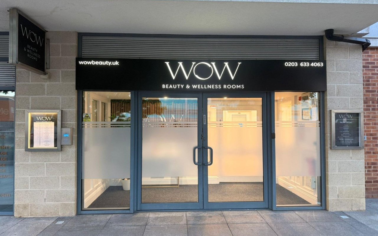 The entrance to WOW Beauty & Wellness on Aerodrome Road, Colindale, where Arogya Studio is based